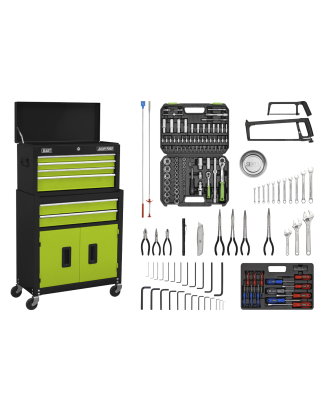 Topchest & Rollcab Combinaison 6 tiroirs avec glissières à roulement à billes – Vert/noir et kit d'outils 170 pièces