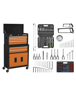 Topchest & Rollcab Combinaison 6 tiroirs avec glissières à roulement à billes - Orange/Noir et kit d'outils 170 pièces