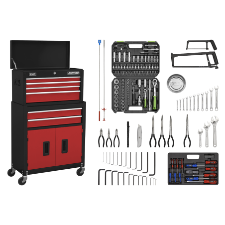 Topchest & Rollcab Combination 6 Drawer with Ball-Bearing Slides - Red/Black & 170pc Tool Kit