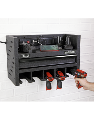 Power Tool Storage Rack with Drawer & Power Strip