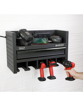 Power Tool Storage Rack with Drawer & Power Strip