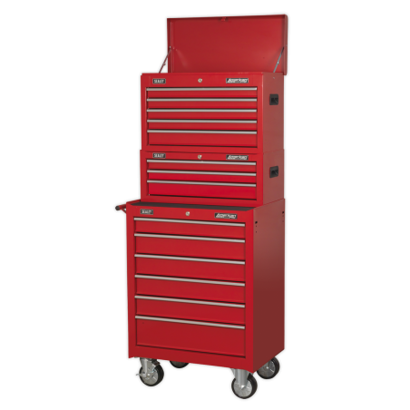 Topchest, Mid-Box Tool Chest & Rollcab 14 Drawer Stack - Red