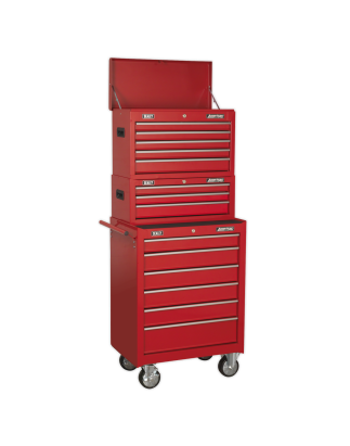 Topchest, Mid-Box Tool Chest & Rollcab 14 Drawer Stack - Red