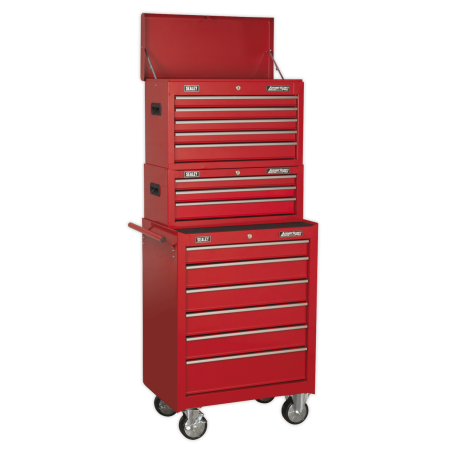 Topchest, coffre à outils Mid-Box et pile de 14 tiroirs Rollcab - Rouge