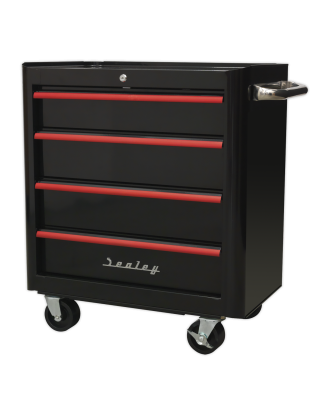 Rollcab 4 Drawer Retro Style- Black with Red Anodised Drawer Pulls