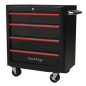 Rollcab 4 Drawer Retro Style- Black with Red Anodised Drawer Pulls