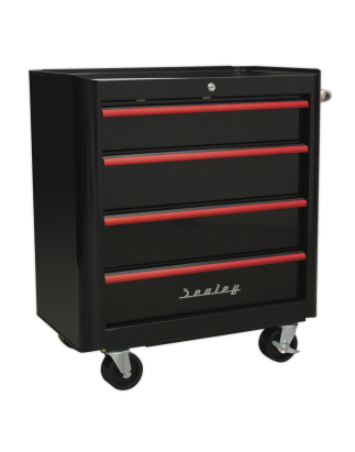 Rollcab 4 Drawer Retro Style- Black with Red Anodised Drawer Pulls