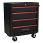 Rollcab 4 Drawer Retro Style- Black with Red Anodised Drawer Pulls