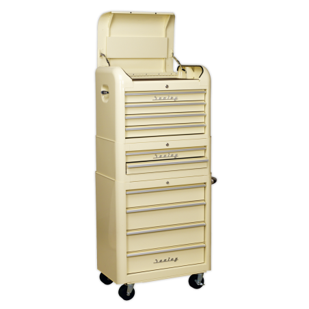 Retro Style Topchest, Mid-Box Tool Chest & Rollcab Combination 10 Drawer Cream