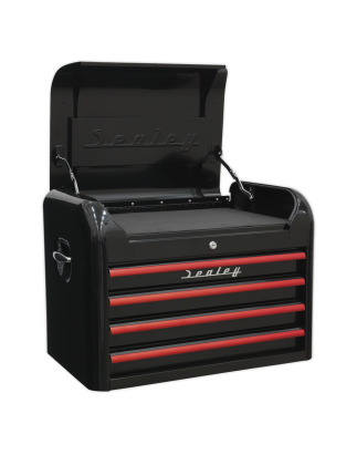 Retro Style Topchest, Mid-Box Tool Chest & Rollcab Combination 10 Drawer - Black with Red Anodised Drawer Pulls