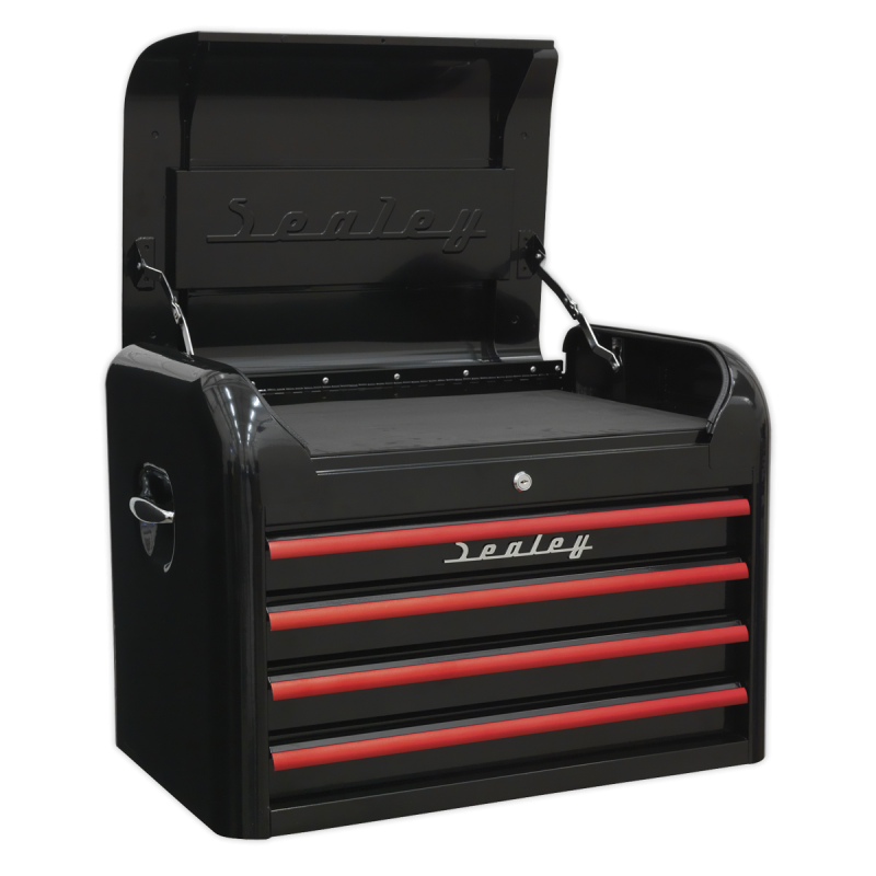 Retro Style Topchest, Mid-Box Tool Chest & Rollcab Combination 10 Drawer - Black with Red Anodised Drawer Pulls