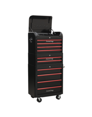 Retro Style Topchest, Mid-Box Tool Chest & Rollcab Combination 10 Drawer - Black with Red Anodised Drawer Pulls