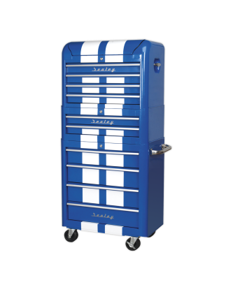 Retro Style Topchest, Mid-Box Tool Chest & Rollcab Combination 10 Drawer Blue/White Stripes