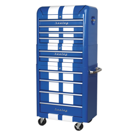 Retro Style Topchest, Mid-Box Tool Chest & Rollcab Combination 10 Drawer Blue/White Stripes