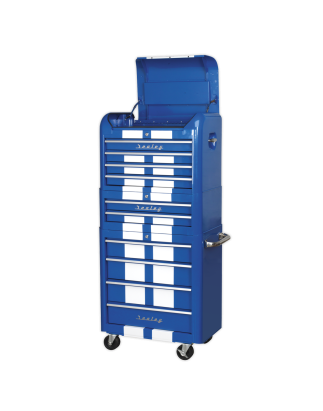 Retro Style Topchest, Mid-Box Tool Chest & Rollcab Combination 10 Drawer Blue/White Stripes