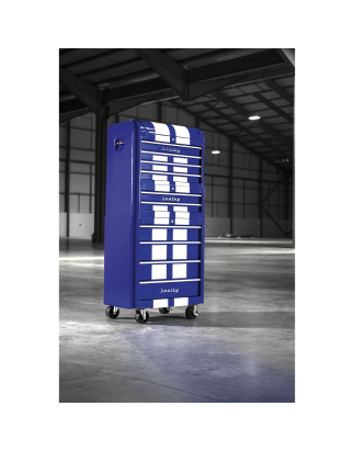 Retro Style Topchest, Mid-Box Tool Chest & Rollcab Combination 10 Drawer Blue/White Stripes