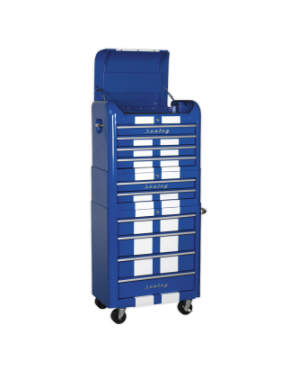 Retro Style Topchest, Mid-Box Tool Chest & Rollcab Combination 10 Drawer Blue/White Stripes