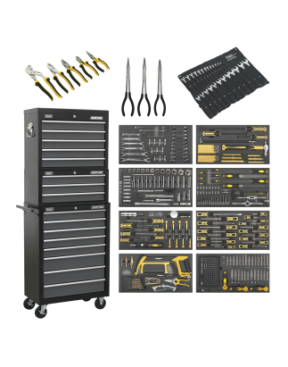 Coffre à outils combiné à 16 tiroirs avec glissières à roulement à billes – Noir/gris et kit d'outils de 468 pièces