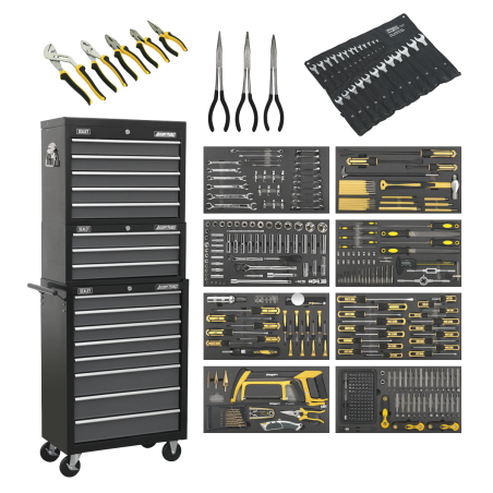 Coffre à outils combiné à 16 tiroirs avec glissières à roulement à billes – Noir/gris et kit d'outils de 468 pièces