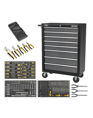 Rollcab 8 tiroirs avec glissières à roulement à billes - Noir/Gris et kit d'outils 302 pièces