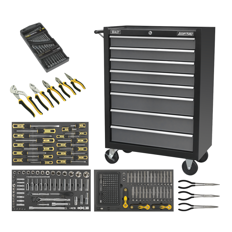 Rollcab 8 tiroirs avec glissières à roulement à billes - Noir/Gris et kit d'outils 302 pièces