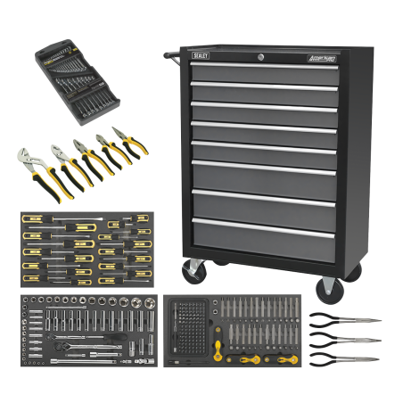 Rollcab 8 tiroirs avec glissières à roulement à billes - Noir/Gris et kit d'outils 302 pièces