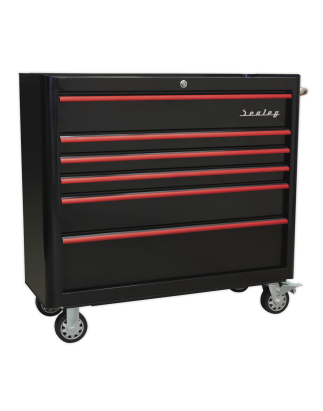 Rollcab 6 Drawer Wide Retro Style - Black with Red Anodised Drawer Pulls