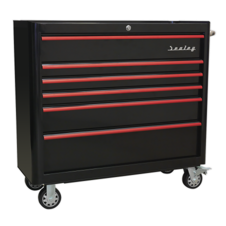 Rollcab 6 Drawer Wide Retro Style - Black with Red Anodised Drawer Pulls