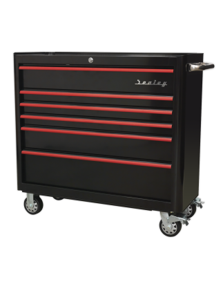 Rollcab 6 Drawer Wide Retro Style - Black with Red Anodised Drawer Pulls