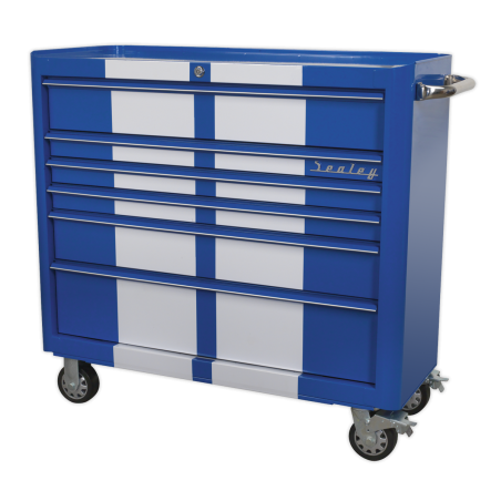 Rollcab 6 Drawer Wide Retro Style - Blue with White Stripes