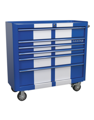 Rollcab 6 Drawer Wide Retro Style - Blue with White Stripes