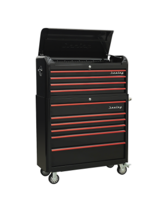 Retro Style Wide Topchest & Rollcab Combination 10 Drawer-Black with Red Anodised Drawer Pulls