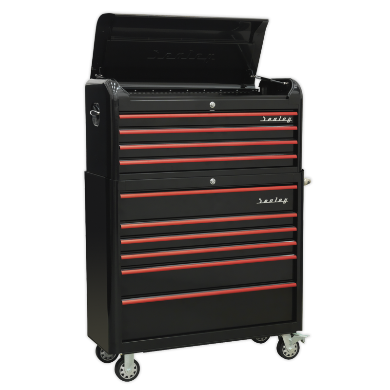 Retro Style Wide Topchest & Rollcab Combination 10 Drawer-Black with Red Anodised Drawer Pulls