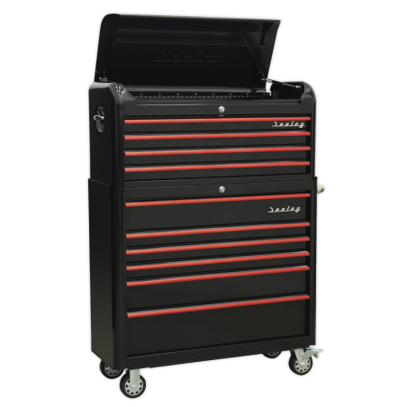 Retro Style Wide Topchest & Rollcab Combination 10 Drawer-Black with Red Anodised Drawer Pulls