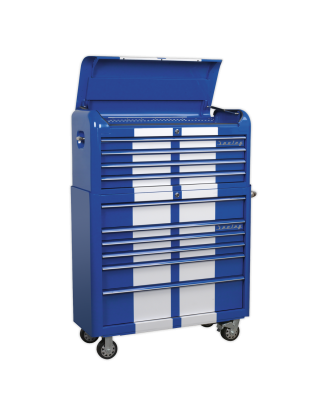 Retro Style Wide Topchest & Rollcab Combination 10 Drawer Blue/White Stripes