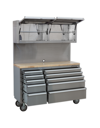 Mobile Stainless Steel Tool Cabinet 10 Drawer with Backboard & 2 Wall Cupboards