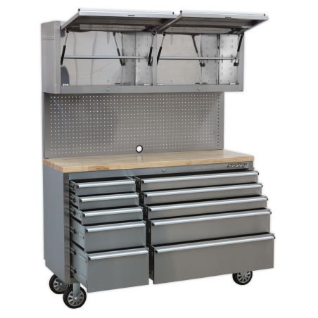 Mobile Stainless Steel Tool Cabinet 10 Drawer with Backboard & 2 Wall Cupboards