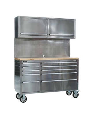 Mobile Stainless Steel Tool Cabinet 10 Drawer with Backboard & 2 Wall Cupboards