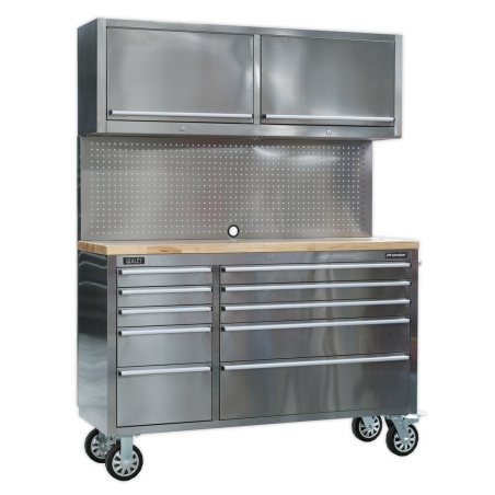 Mobile Stainless Steel Tool Cabinet 10 Drawer with Backboard & 2 Wall Cupboards