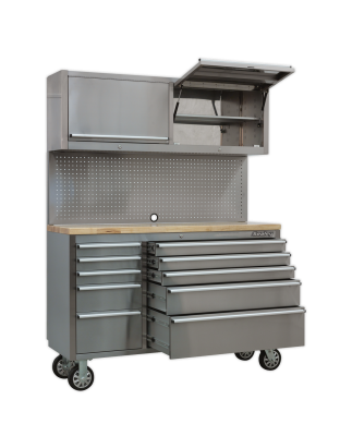 Mobile Stainless Steel Tool Cabinet 10 Drawer with Backboard & 2 Wall Cupboards