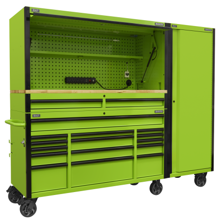 15 Drawer 1549mm Mobile Trolley with Wooden Worktop, Hutch, 2 Drawer Riser & Side Locker