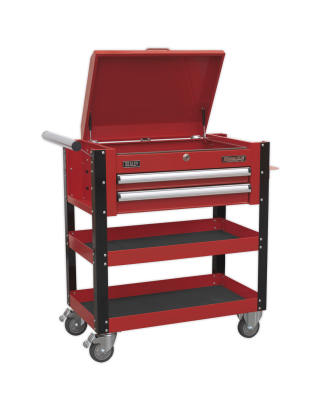 Heavy-Duty Mobile Tool & Parts Trolley 2 Drawers & Lockable Top - Red