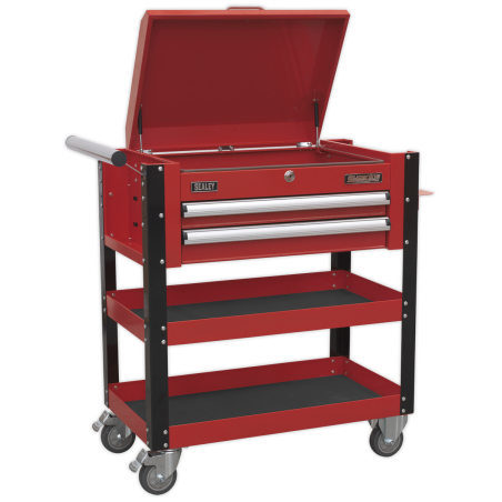 Heavy-Duty Mobile Tool & Parts Trolley 2 Drawers & Lockable Top - Red