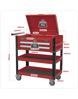 Heavy-Duty Mobile Tool & Parts Trolley 2 Drawers & Lockable Top - Red