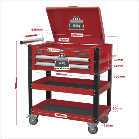 Chariot mobile robuste pour outils et pièces, 2 tiroirs et dessus verrouillable - Rouge