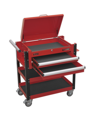 Heavy-Duty Mobile Tool & Parts Trolley 2 Drawers & Lockable Top - Red