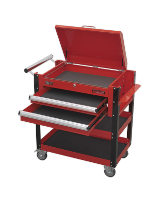 Heavy-Duty Mobile Tool & Parts Trolley 2 Drawers & Lockable Top - Red