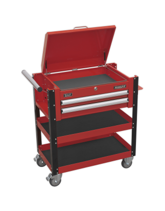 Heavy-Duty Mobile Tool & Parts Trolley 2 Drawers & Lockable Top - Red