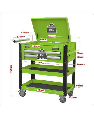 Chariot mobile robuste pour outils et pièces, 2 tiroirs et dessus verrouillable - Vert