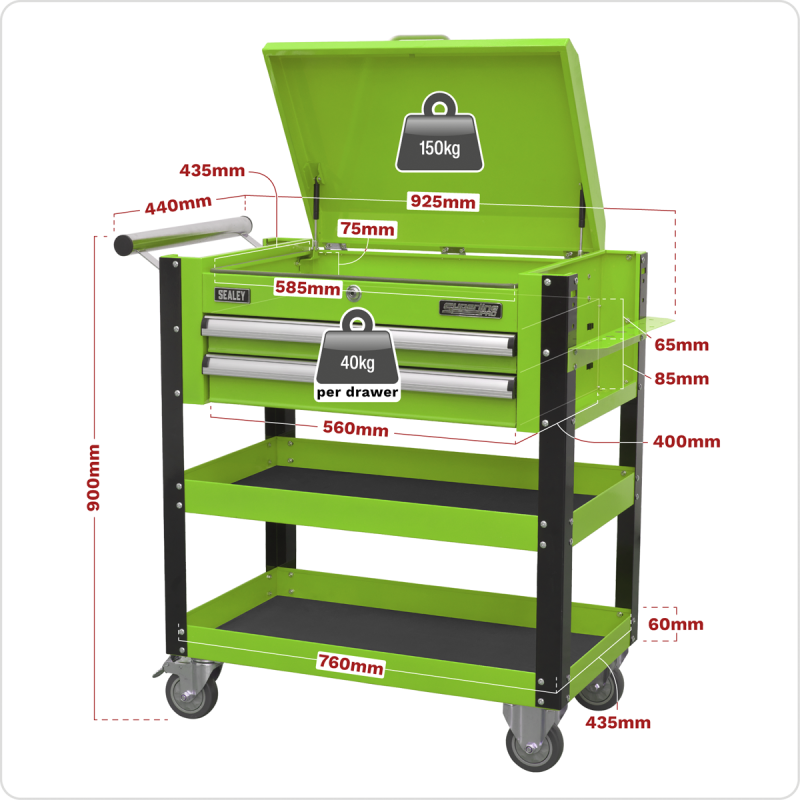 Chariot mobile robuste pour outils et pièces, 2 tiroirs et dessus verrouillable - Vert